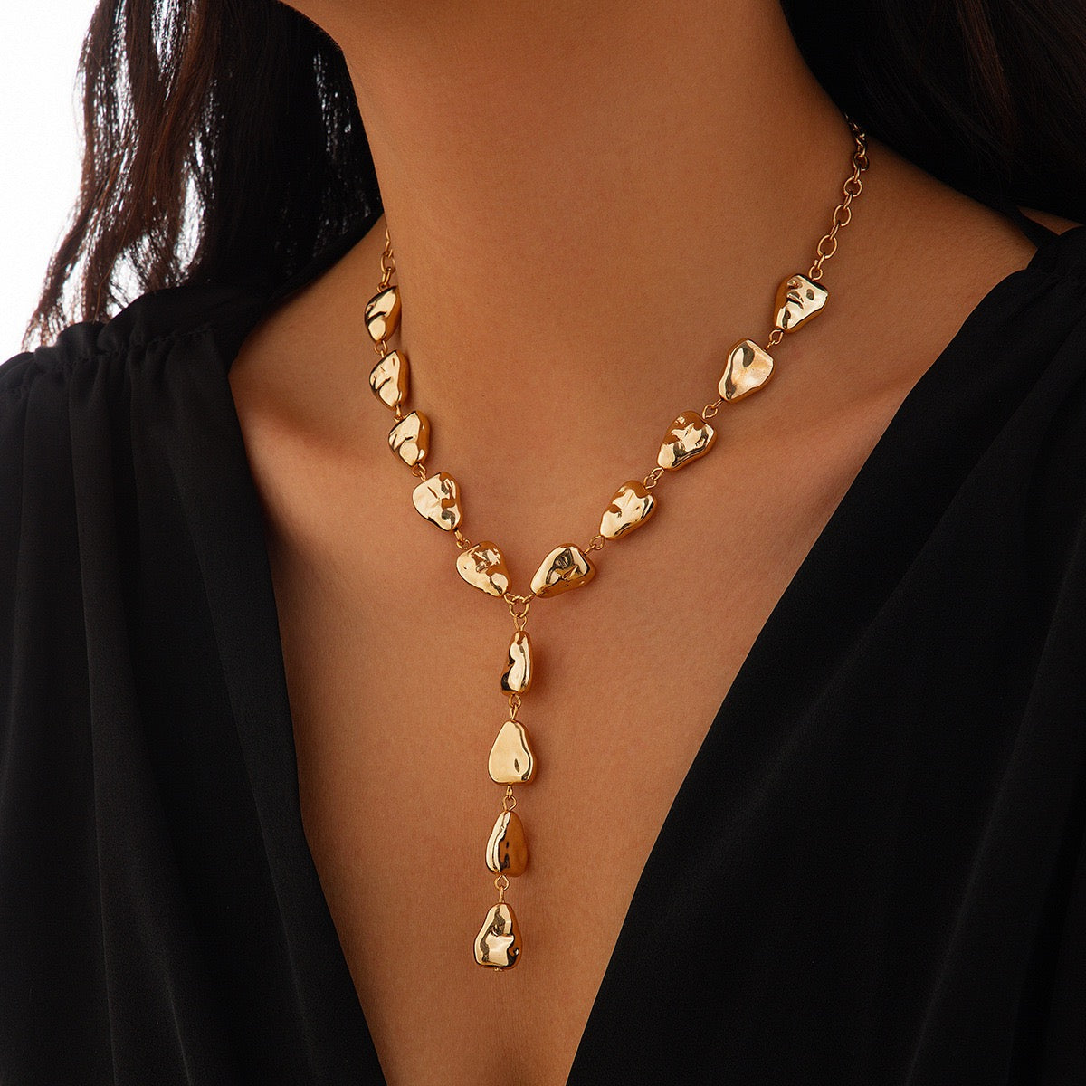 Molten Metal Necklace – Abstract Water Drop Statement Chain, Gold & Silver Sculptural Jewelry for Women