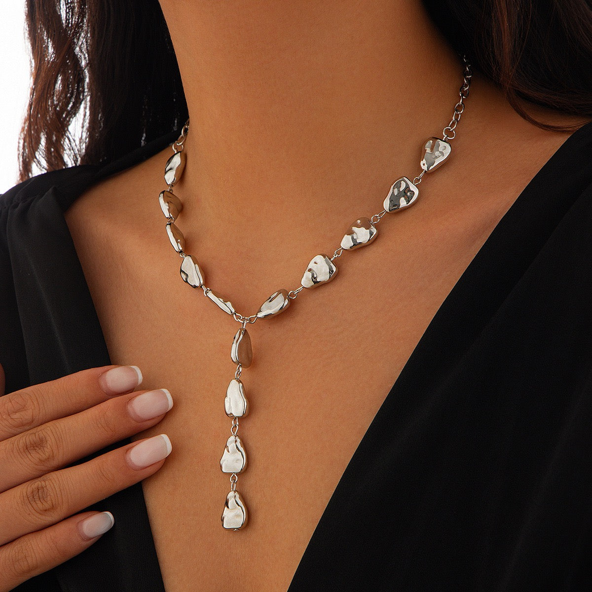 Molten Metal Necklace – Abstract Water Drop Statement Chain, Gold & Silver Sculptural Jewelry for Women