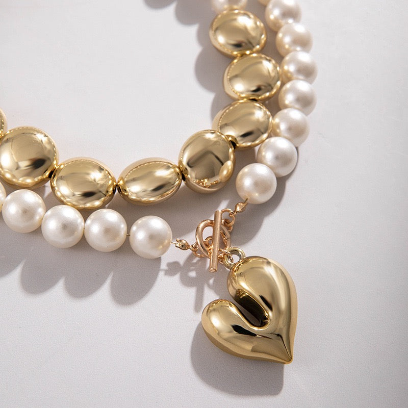 Golden Heart Pearl Necklace-N08