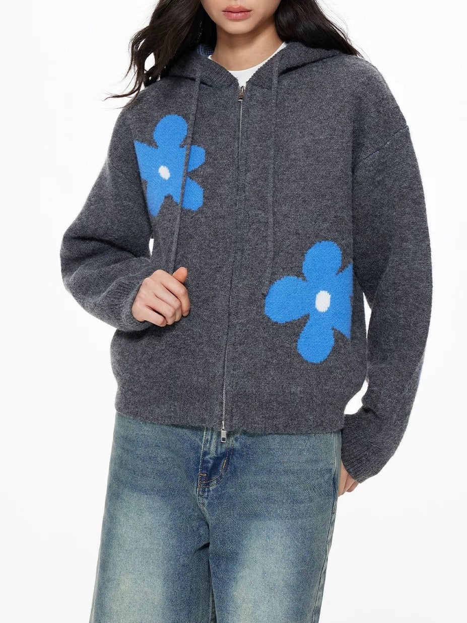 💠 Blue Bloom Knit Zip Hoodie