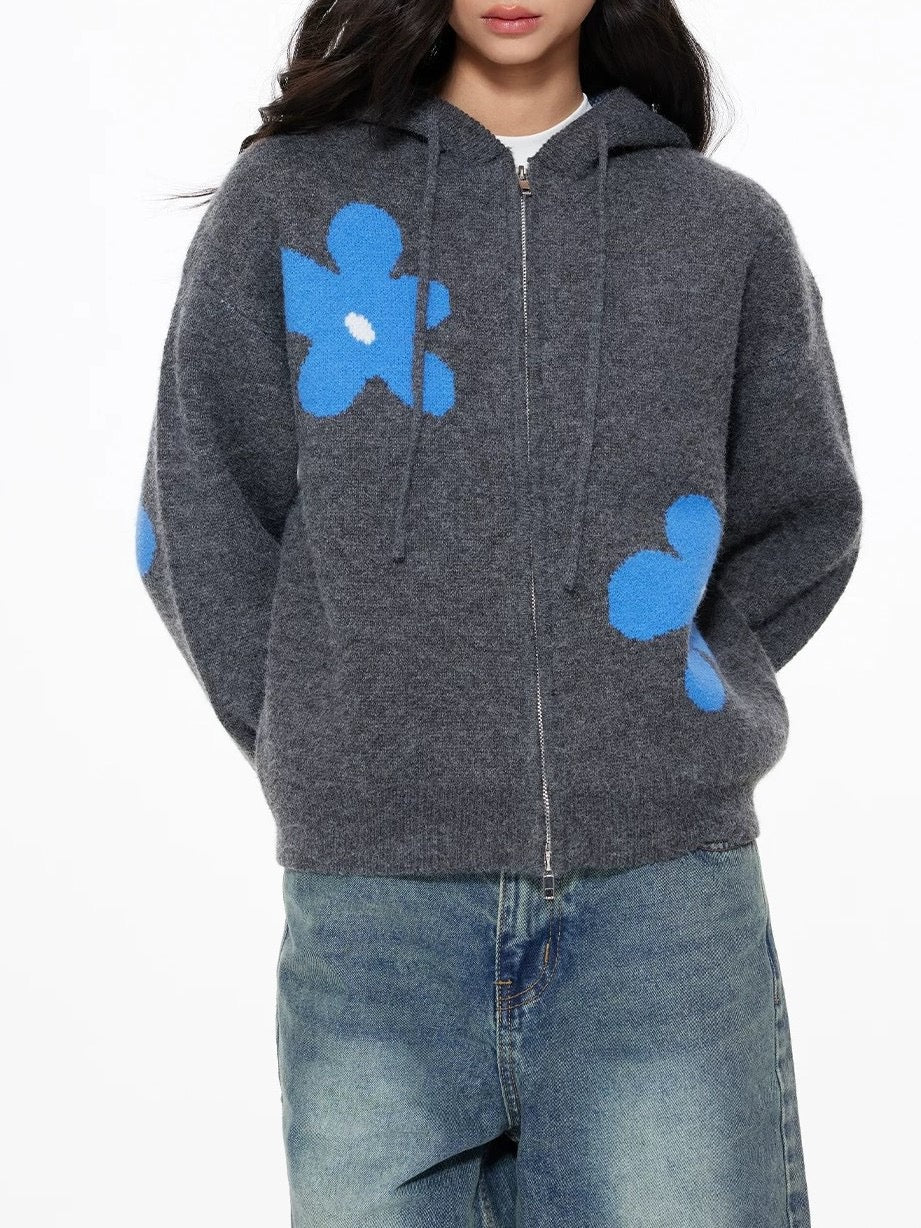 💠 Blue Bloom Knit Zip Hoodie