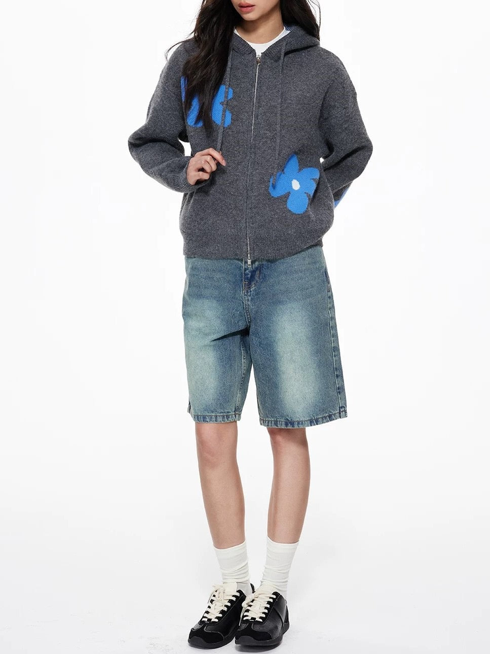 💠 Blue Bloom Knit Zip Hoodie